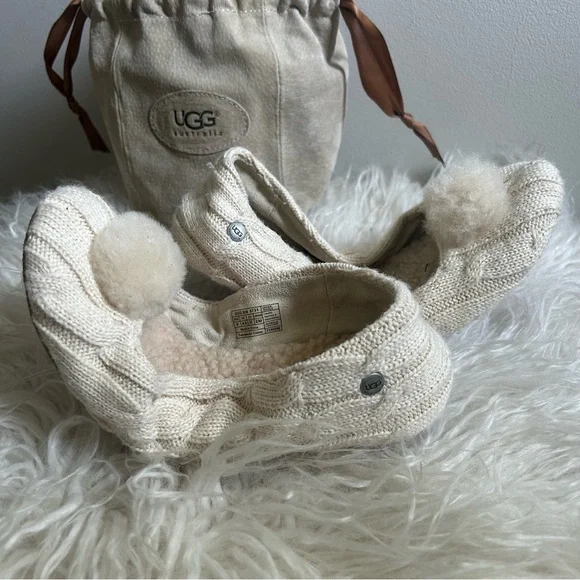 UGG Beige Knit Slippers with Pom Pom - Picture 5 of 13